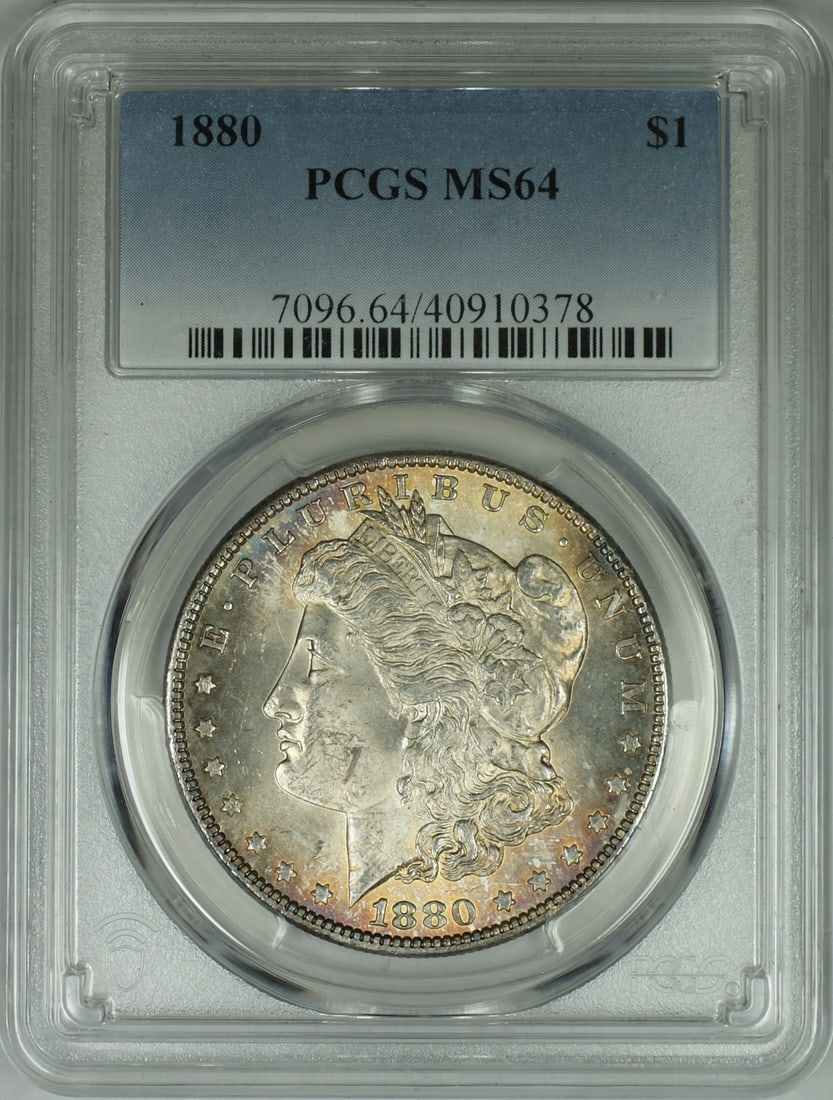PCGS MS-64 1880 Morgan Dollar with Attractive Toning: PCGS MS-64 1880 Morgan Dollar with Attractive Toning This 1880 Morgan Silver Dollar is certified by PCGS with a grade of MS-64, indicating a high-quality uncirculated coin. Featuring attractive toning