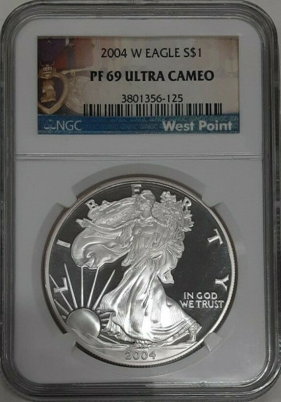 NGC PF-69 Ultra Cameo 2004-W Silver Eagle Dollar Coin: NGC PF-69 Ultra Cameo 2004-W Silver Eagle Dollar Coin This 2004-W American Silver Eagle S$1 coin has been certified by NGC with a grade of PF-69 Ultra Cameo. It features a proof strike and is in pre-o