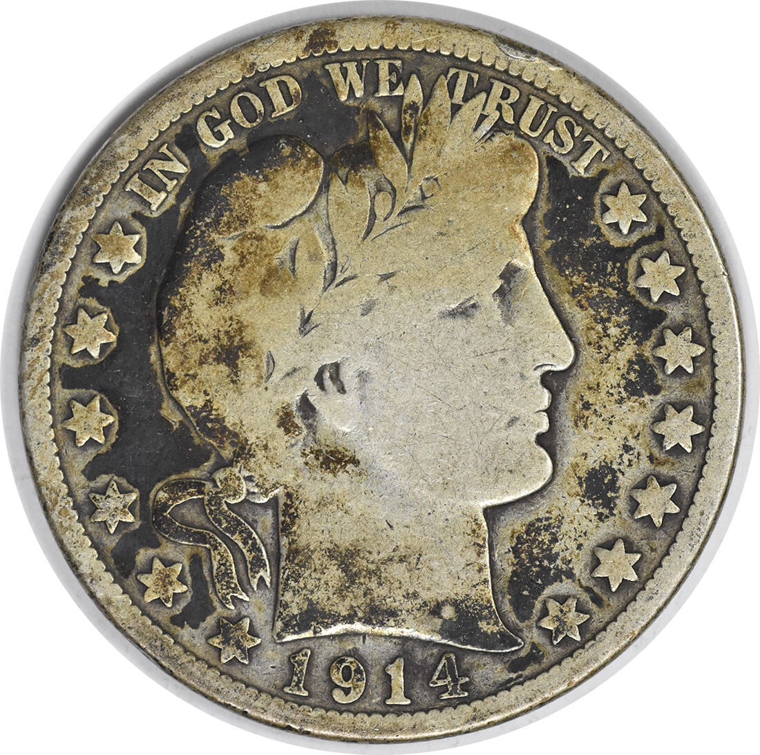 1914 Barber Silver Half Dollar 50C Uncertified Philadelphia Mint: 1914 Barber Silver Half Dollar 50C Uncertified Philadelphia Mint This 1914 Barber Silver Half Dollar is a vintage coin featuring the iconic design by Charles E. Barber. Minted in Philadelphia, it is c