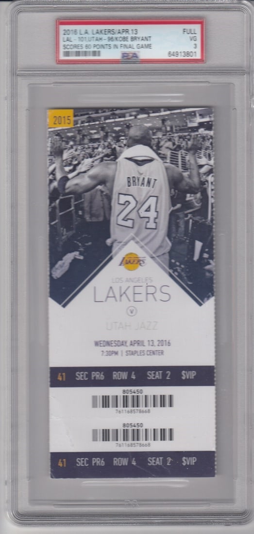 Kobe Bryant Final Game Full Ticket Lakers vs Jazz PSA 3 4/13/2016 (1 of 2)