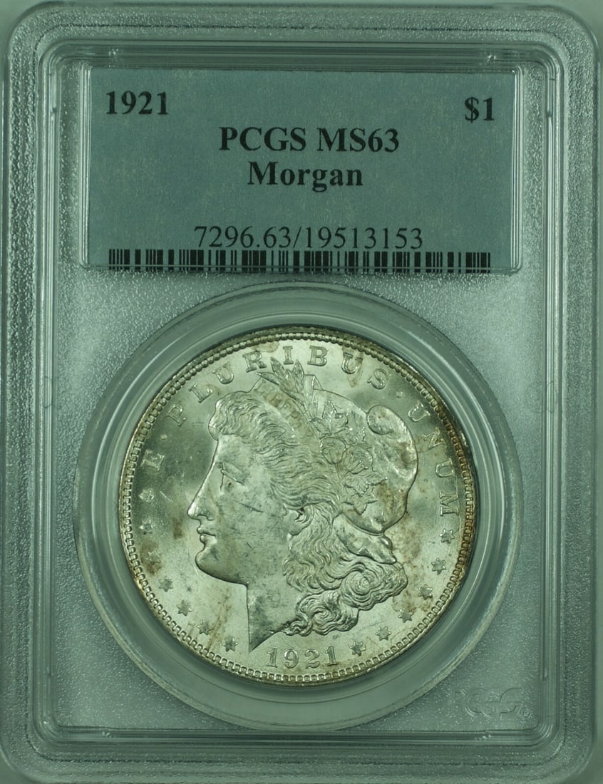 1921 $1 Morgan Silver Dollar PCGS MS63 Certified Uncirculated Coin: 1921 $1 Morgan Silver Dollar PCGS MS63 Certified Uncirculated Coin This is a 1921 Morgan Silver Dollar $1 coin, certified by PCGS with a grade of MS-63. The coin was minted in Philadelphia and is comp