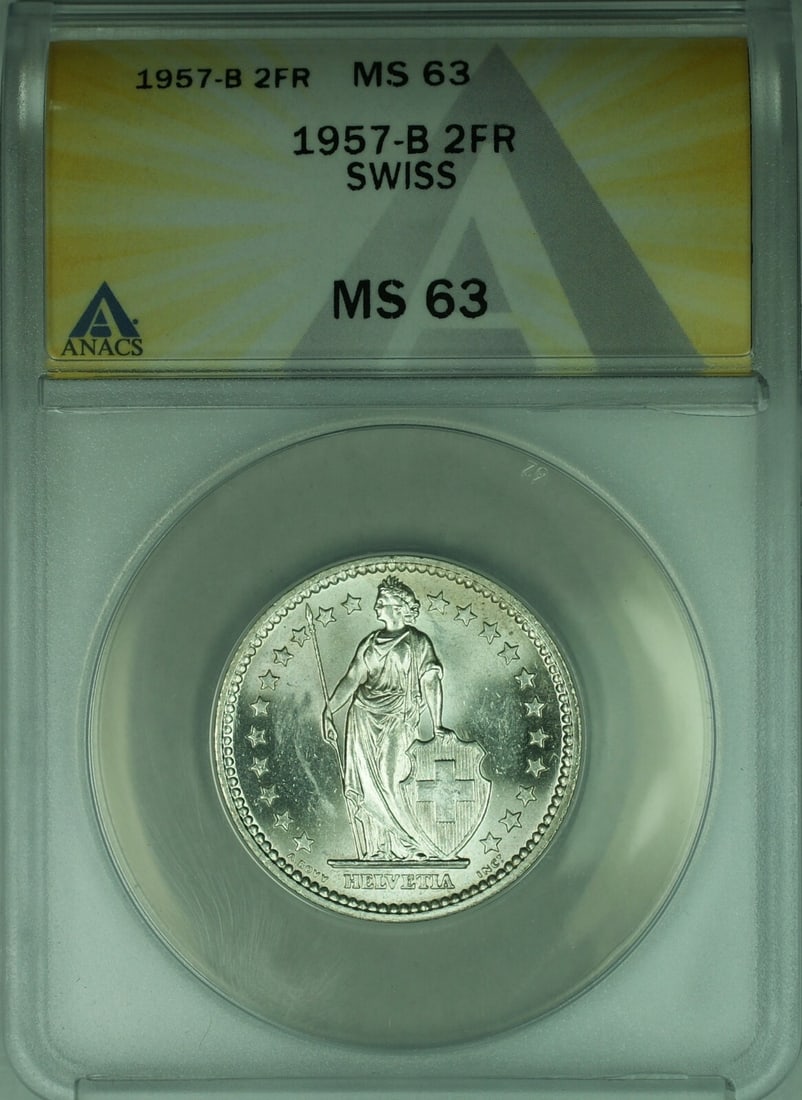 Switzerland 2 Francs 1957-B Silver Coin ANACS MS 63 Certified: Switzerland 2 Francs 1957-B Silver Coin ANACS MS 63 Certified This 1957-B Switzerland 2 Franc coin is composed of 0.835 fine silver and has been certified by ANACS with a grade of MS-63. The coin is u