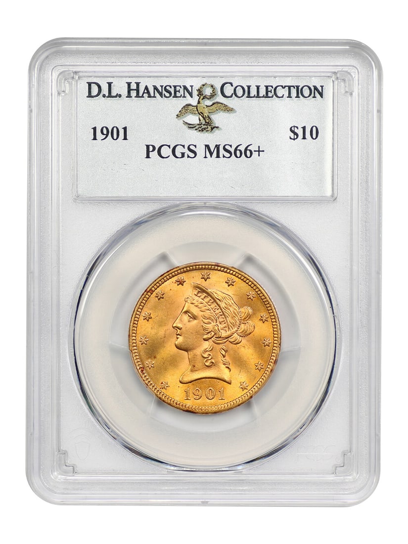 1901 $10 Liberty Head Gold Coin PCGS MS66+ D.L. Hansen: 1901 $10 Liberty Head Gold Coin PCGS MS66+ D.L. Hansen This 1901 $10 Liberty Head gold coin is certified by PCGS and graded MS66+. It features a remarkable satin cartwheel luster and bold strike, show