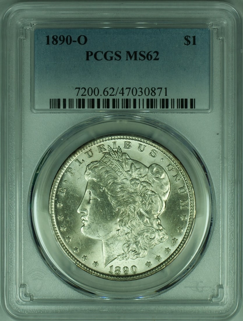 PCGS MS62 1890-O Morgan Dollar New Orleans Mint Silver Coin: PCGS MS62 1890-O Morgan Dollar New Orleans Mint Silver Coin This is an 1890-O Morgan Silver Dollar coin certified by PCGS with a grade of MS-62. Struck at the New Orleans Mint, this uncirculated coin