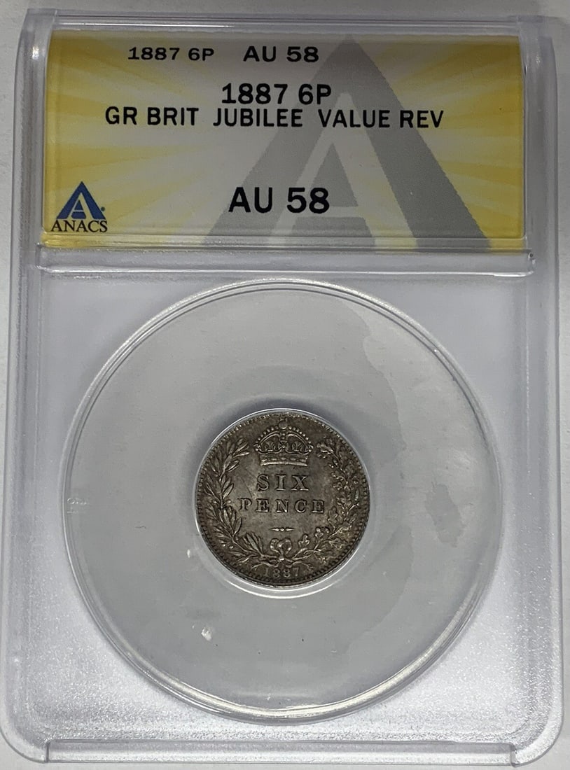 United Kingdom 1887 Six Pence Coin ANACS AU 58 Certified: United Kingdom 1887 Six Pence Coin ANACS AU 58 Certified This 1887 Great Britain 6 Pence coin is graded AU 58 by ANACS. It originates from the United Kingdom and has a denomination of 6 Pence. The coi