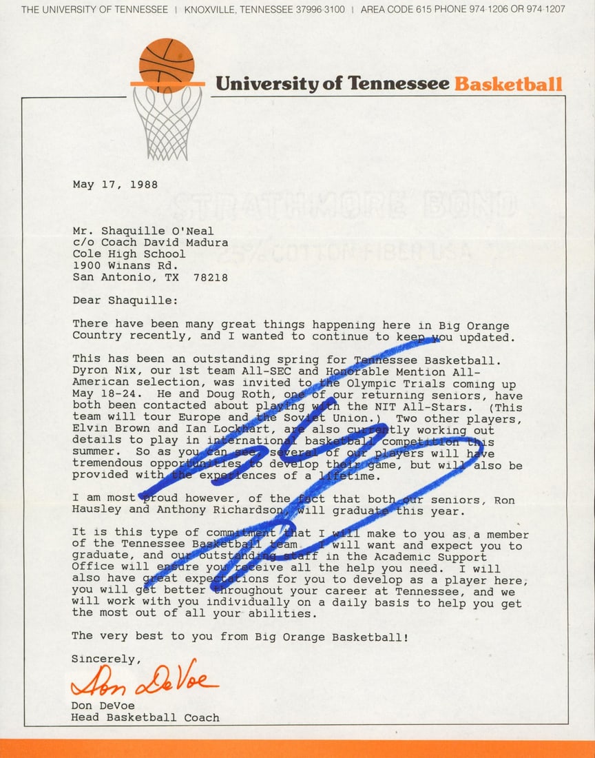 Shaquille O'Neal Signed 1988 University of Tennessee Recruitment Letter Beckett Authenticated (1 of 4)