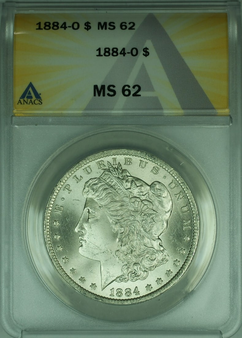 ANACS MS 62 1884 O Morgan Dollar Uncirculated Silver Coin: ANACS MS 62 1884 O Morgan Dollar Uncirculated Silver Coin This 1884-O Morgan Silver Dollar is an un-used, pre-owned coin certified by ANACS with a grade of MS 62. Minted in New Orleans in 1884, it fea