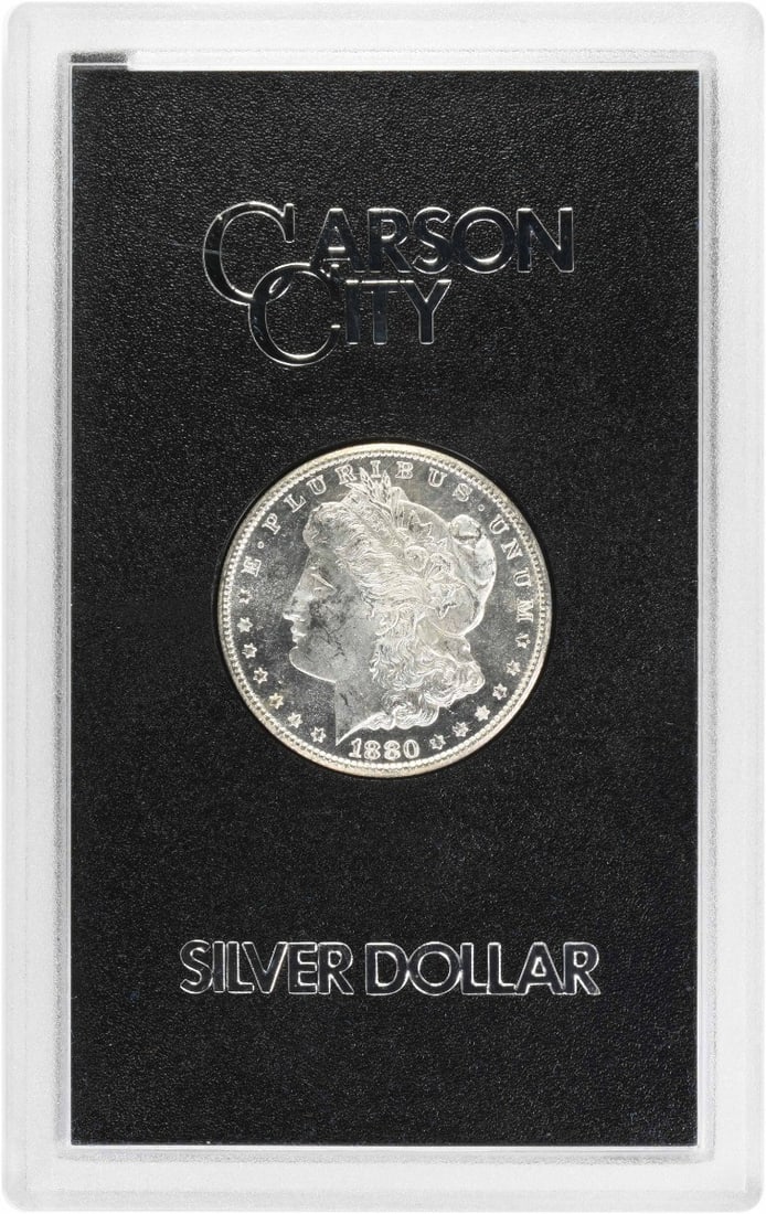 GSA Hard Pack 1880 Carson City Morgan Silver Dollar Uncirculated: GSA Hard Pack 1880 Carson City Morgan Silver Dollar Uncirculated This 1880-CC Morgan Silver Dollar is a brilliant uncirculated coin housed in a GSA holder hard pack. Struck at the Carson City Mint, th