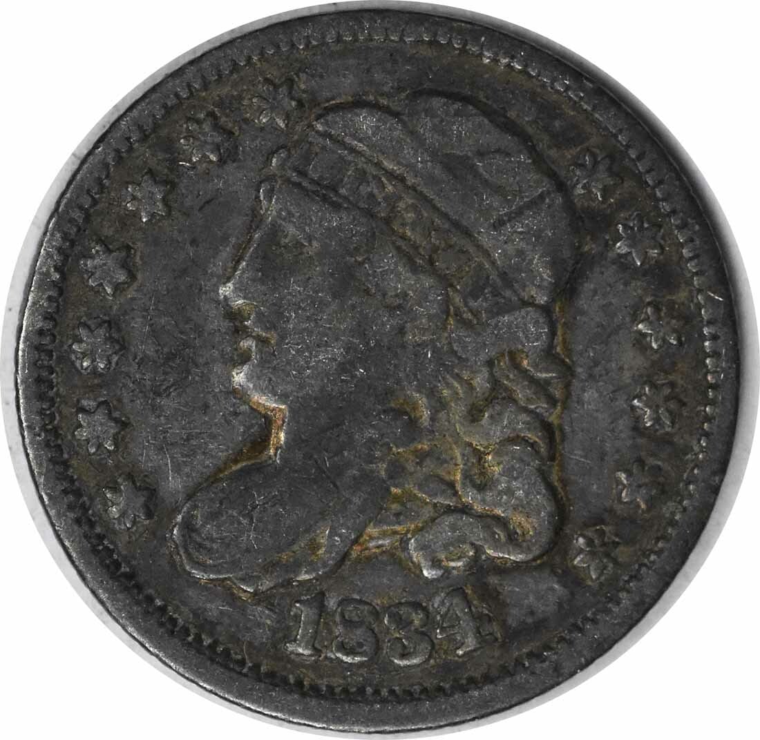 1834 Capped Bust Half Dime Silver Coin VF Grade Uncertified: 1834 Capped Bust Half Dime Silver Coin VF Grade Uncertified This 1834 Capped Bust Half Dime from the United States was struck at the Philadelphia Mint. Designed by William Kneass, it is composed of 89