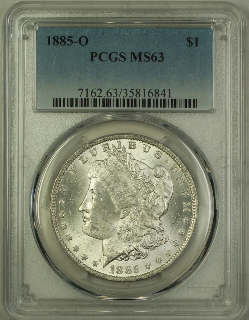 PCGS MS63 1885-O Morgan Dollar Silver Coin New Orleans Mint: PCGS MS63 1885-O Morgan Dollar Silver Coin New Orleans Mint This is an 1885-O Morgan Silver Dollar $1 coin, certified by PCGS with a grade of MS 63. Minted in New Orleans, this uncirculated silver coi