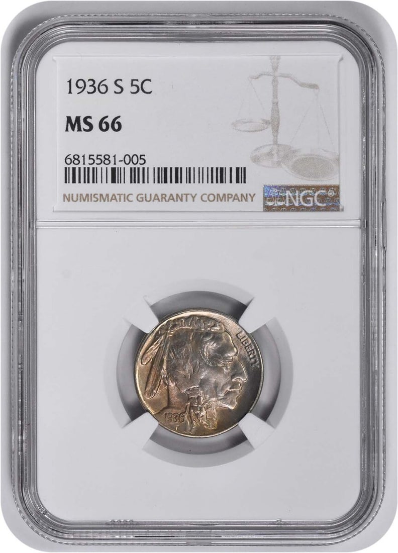 MS66 NGC Graded 1936-S Buffalo Five Cent Nickel Uncirculated Coin: MS66 NGC Graded 1936-S Buffalo Five Cent Nickel Uncirculated Coin This 1936-S Buffalo Nickel is a United States five-cent coin, certified by NGC with a grade of MS66. Featuring an uncirculated conditi