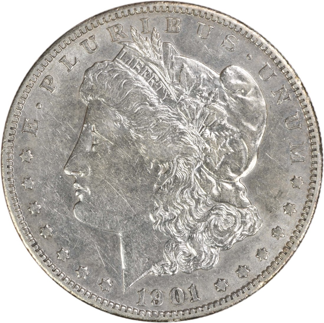 AU Grade 1901 San Francisco Morgan Dollar Uncertified 90 Percent Silver: AU Grade 1901 San Francisco Morgan Dollar Uncertified 90 Percent Silver This 1901-S Morgan Silver Dollar features a composition of 90% silver and 10% copper and was minted in San Francisco. Designed b