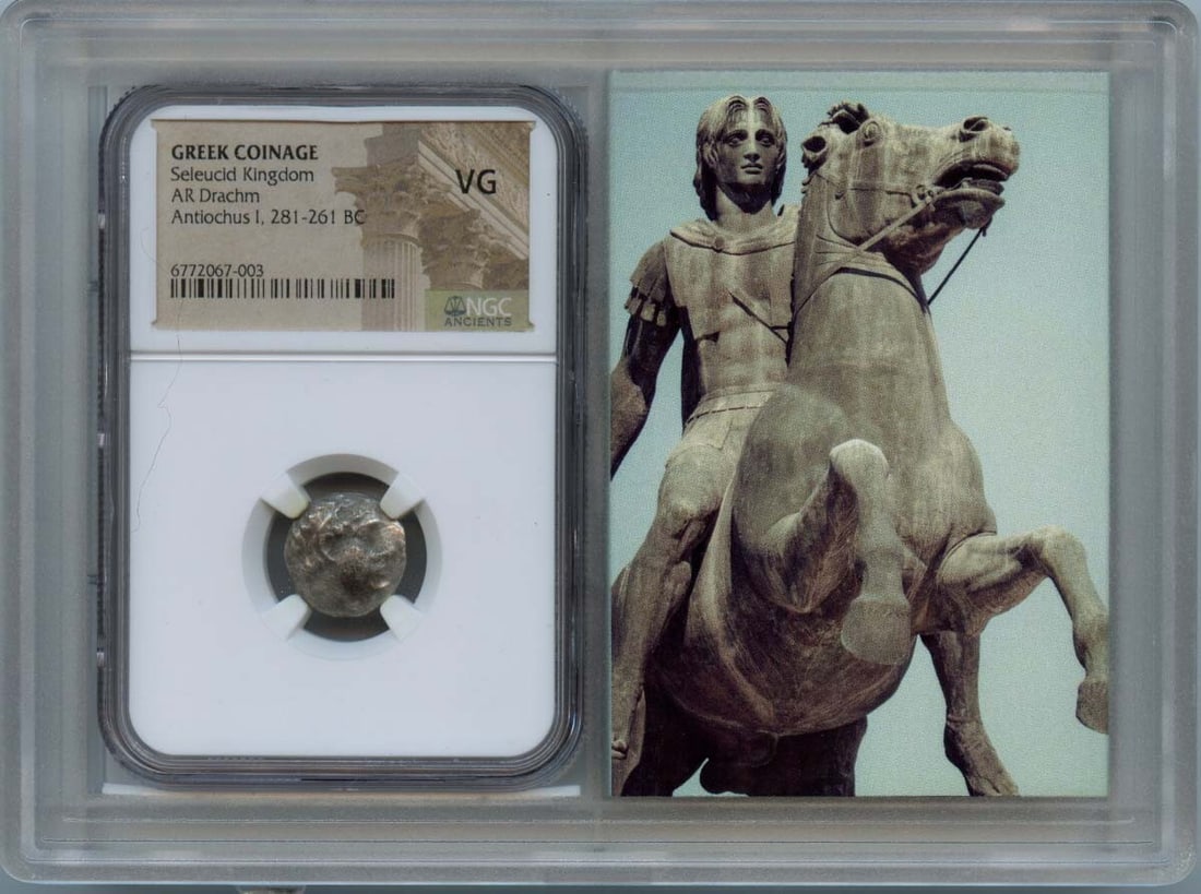 Ancient Greek Seleucid Kingdom AR Drachm NGC Certified VG8: Ancient Greek Seleucid Kingdom AR Drachm NGC Certified VG8 This ancient Greek drachm from the Seleucid Kingdom, dating back to 281-261 BC, is a unique collectible for numismatists. It has been certifi