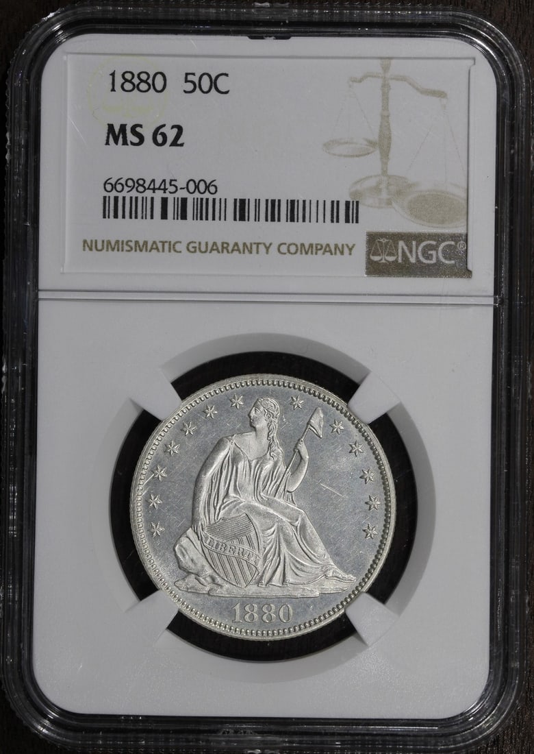 1880 Seated Liberty Half Dollar 50C NGC MS62 Prooflike: 1880 Seated Liberty Half Dollar 50C NGC MS62 Prooflike This uncirculated 1880 Seated Liberty Half Dollar features prooflike fields and is made from silver with a fineness of 0.9. Graded MS 62 by NGC,