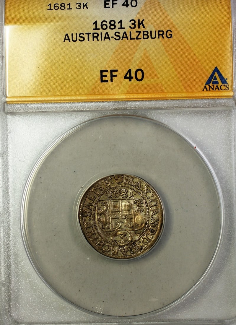 1681 Salzburg Bishop 3 Kreuzer Silver Coin ANACS Graded EF 40 Austria: 1681 Salzburg Bishop 3 Kreuzer Silver Coin ANACS Graded EF 40 Austria This 1681 Austria 3 Kreuzer silver coin from Salzburg features the Bishopric issue and has been certified by ANACS with a grade of