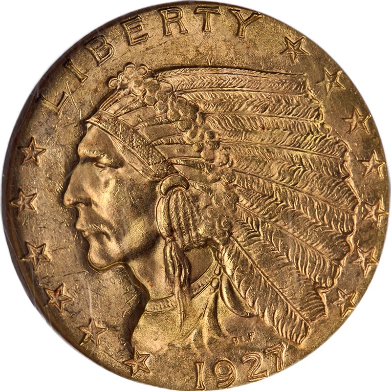 1927 Indian Gold $2.50 Coin NGC MS64 Strong Strike Superb Eye Appeal: 1927 Indian Gold $2.50 Coin NGC MS64 Strong Strike Superb Eye Appeal This 1927 Indian Gold $2.50 coin is certified by NGC with a grade of MS64, showcasing superb eye appeal with fantastic luster and a