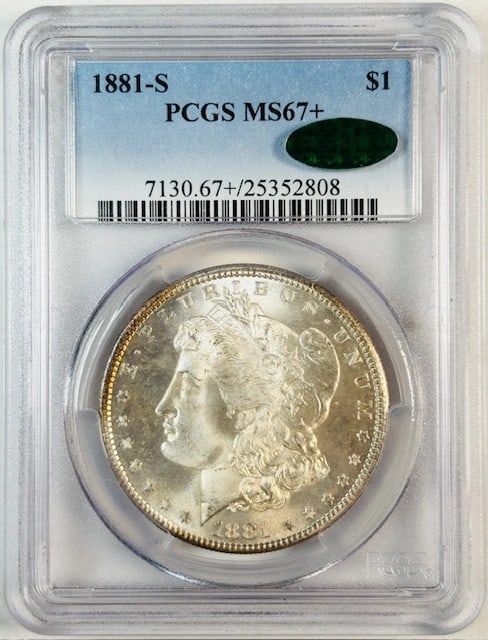 PCGS MS67 Plus CAC 1881 San Francisco Morgan Silver Dollar: PCGS MS67 Plus CAC 1881 San Francisco Morgan Silver Dollar This 1881 Morgan Silver Dollar was minted in San Francisco and is graded MS-67+ by PCGS, with an additional CAC approval. The coin is uncircu