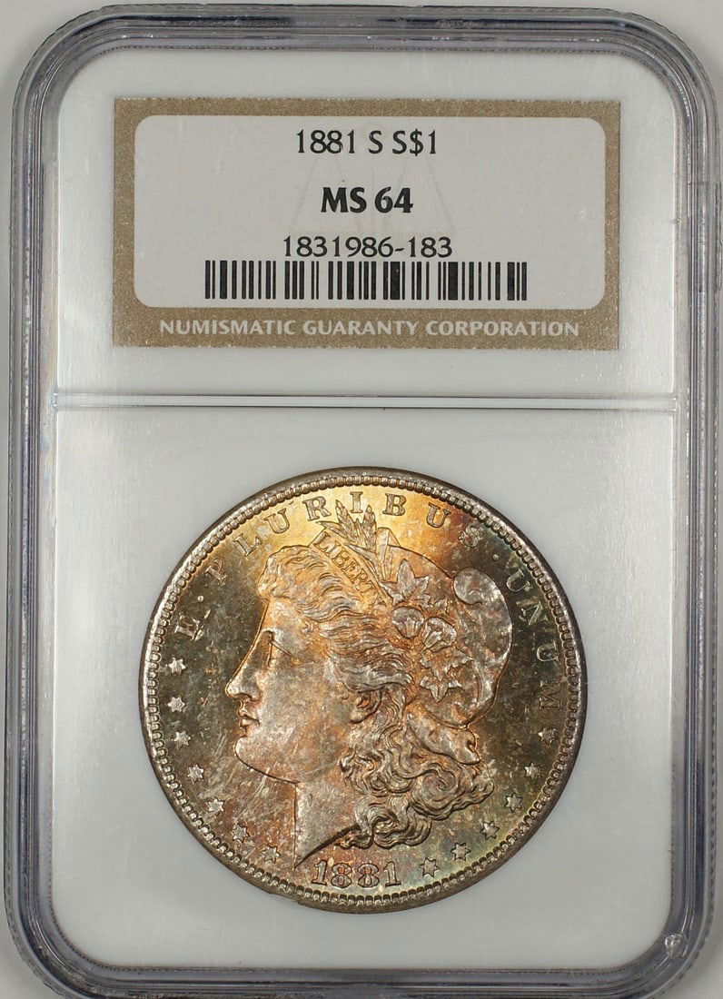 NGC MS 64 1881 San Francisco Morgan Silver Dollar with Toned Obverse: NGC MS 64 1881 San Francisco Morgan Silver Dollar with Toned Obverse This is an 1881-S Morgan Silver Dollar $1 coin featuring a beautifully toned obverse. Graded MS 64 by NGC, this uncirculated coin w