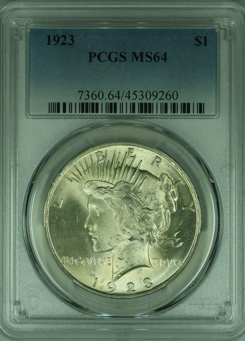 1923 Peace Dollar Silver Coin PCGS MS64 Philadelphia Mint: 1923 Peace Dollar Silver Coin PCGS MS64 Philadelphia Mint This is a 1923 Peace Silver Dollar coin, certified by PCGS with a grade of MS-64. Minted in Philadelphia, this uncirculated coin is composed o