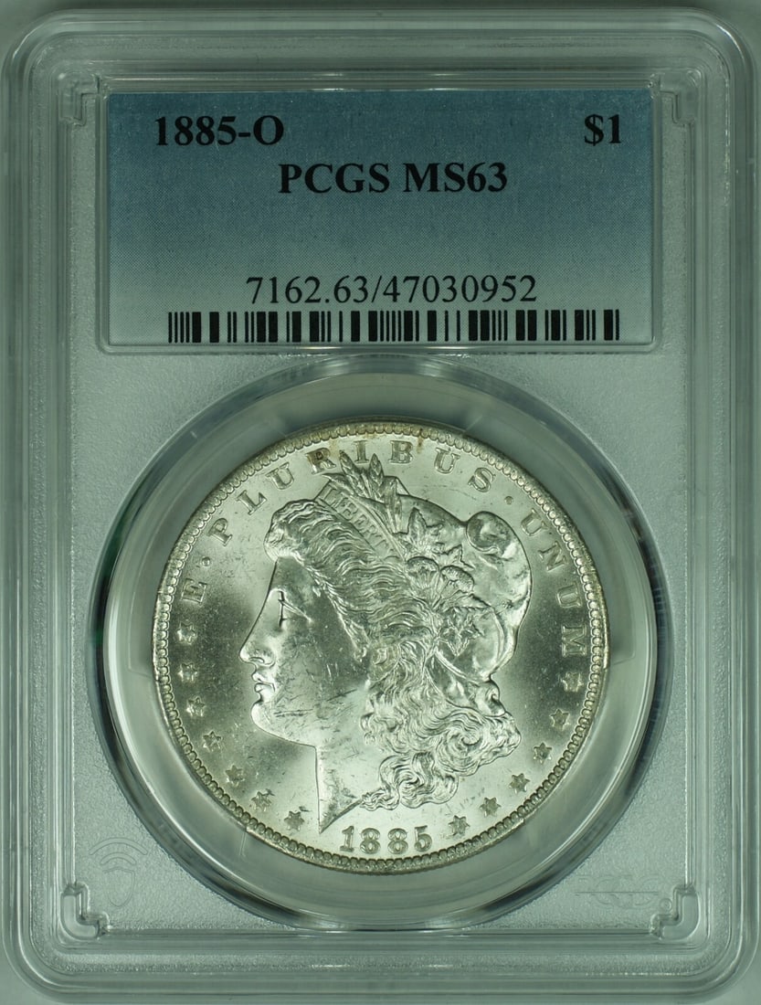 PCGS MS-63 1885-O Morgan Silver Dollar New Orleans Mint: PCGS MS-63 1885-O Morgan Silver Dollar New Orleans Mint This 1885-O Morgan Silver Dollar coin is certified by PCGS with a grade of MS-63. Minted in New Orleans, it is composed of 0.9 fine silver and h