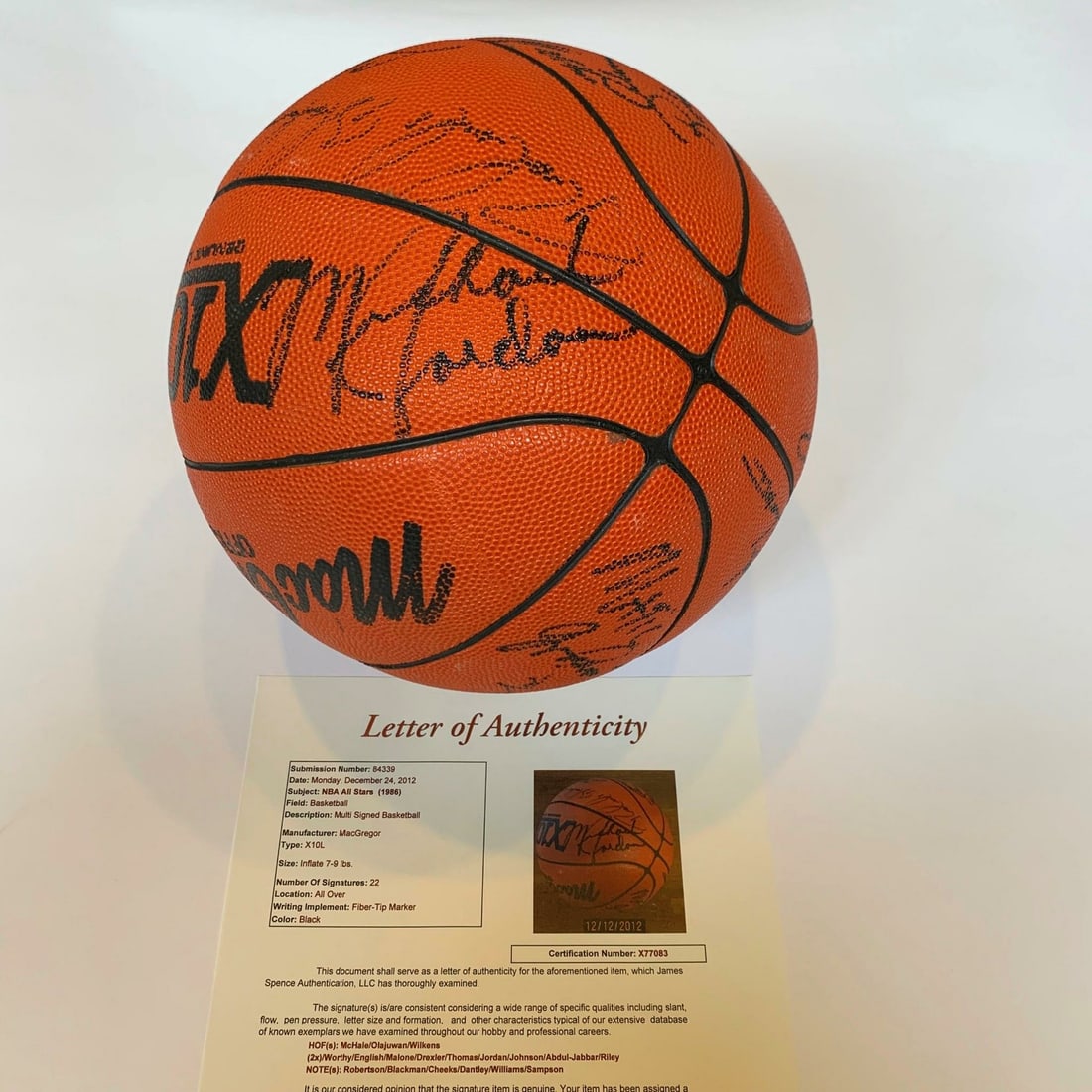 Michael Jordan 1986 NBA All Stars Signed Basketball 22 Autographs JSA COA: Michael Jordan 1986 NBA All Stars Signed Basketball 22 Autographs JSA COA This authentic MacGregor basketball is a remarkable piece of sports memorabilia, featuring the signatures of 22 NBA legends fr