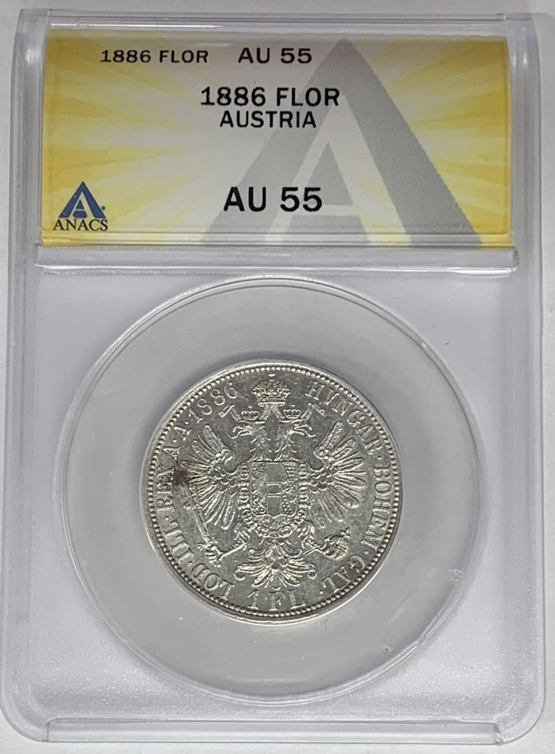 Austria 1886 Silver 1 Florin ANACS AU 55 Certified Coin: Austria 1886 Silver 1 Florin ANACS AU 55 Certified Coin This 1886 Austria 1 Florin coin is composed of silver and has been certified by ANACS with a grade of AU 55. It is a pre-owned collectible from