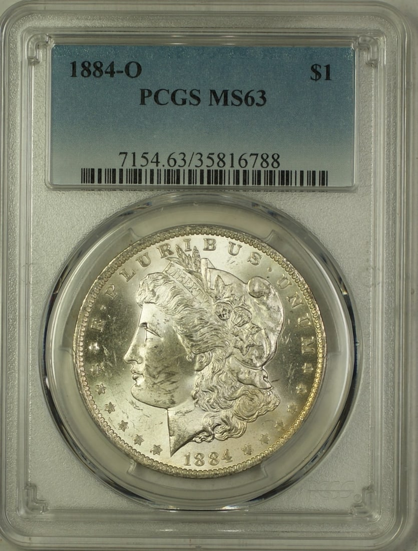 PCGS MS-63 1884-O Silver Morgan Dollar Uncirculated New Orleans Mint: PCGS MS-63 1884-O Silver Morgan Dollar Uncirculated New Orleans Mint This 1884-O Morgan Silver Dollar features a $1 denomination and was minted in New Orleans. Certified by PCGS with a grade of MS 63,