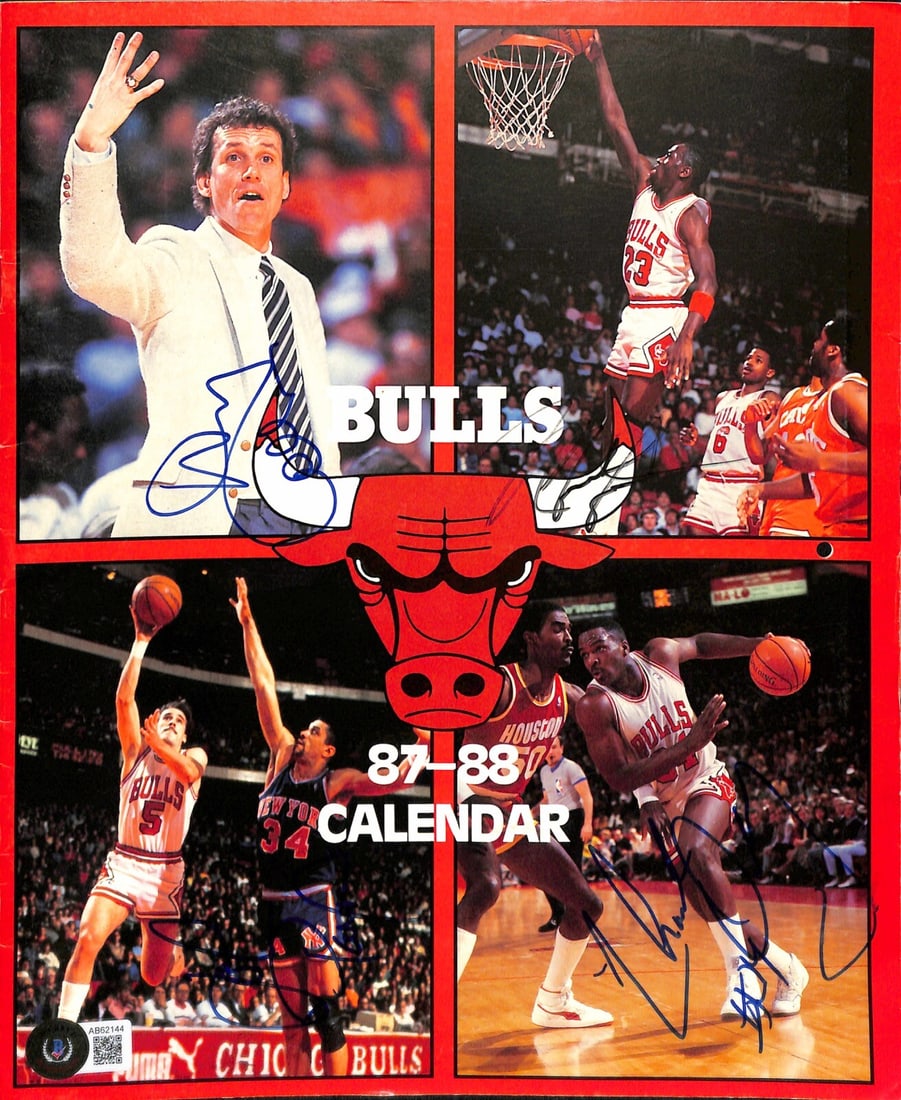 1987 88 Chicago Bulls Calendar Cover Signed by Jordan Oakley Paxson Collins LOA: 1987 88 Chicago Bulls Calendar Cover Signed by Jordan Oakley Paxson Collins LOA This is an original signed cover of the 1987-88 Chicago Bulls Official Calendar, measuring 8 1/2 x 11. It features the a