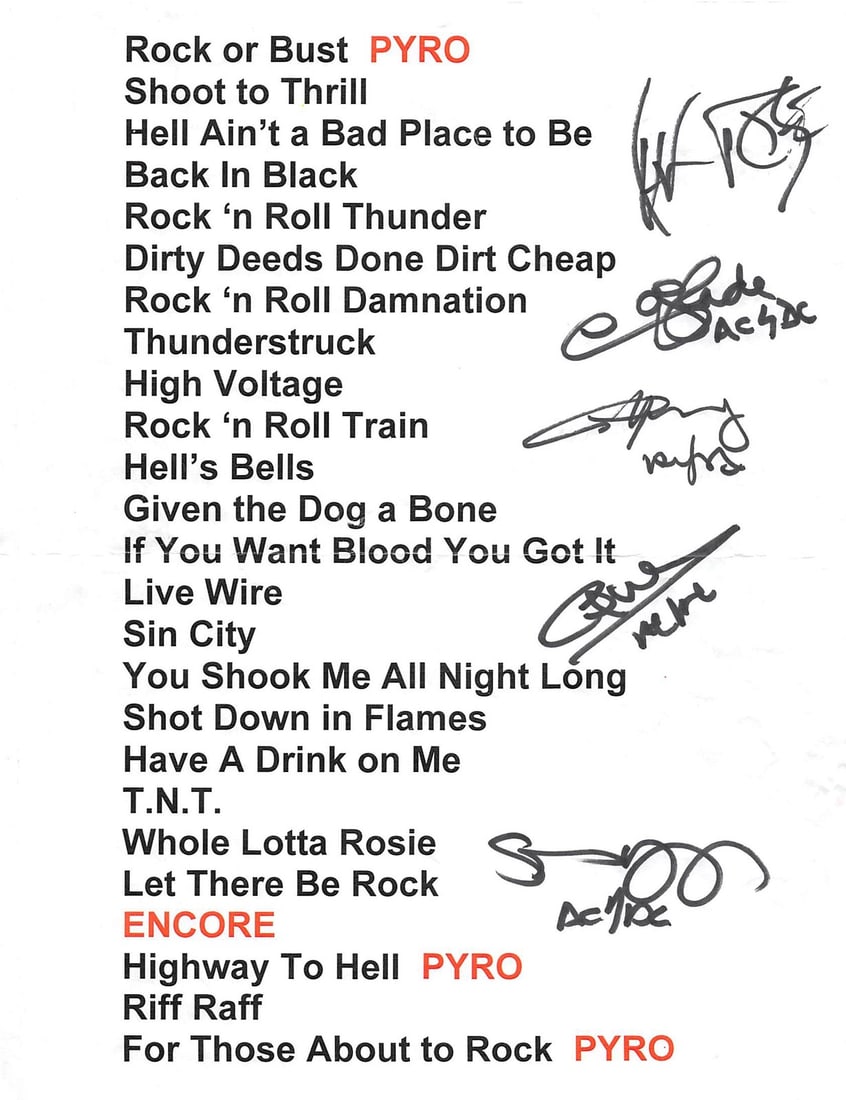 AC/DC Signed 2016 World Tour Setlist with Axl Rose BAS COA (1 of 2)