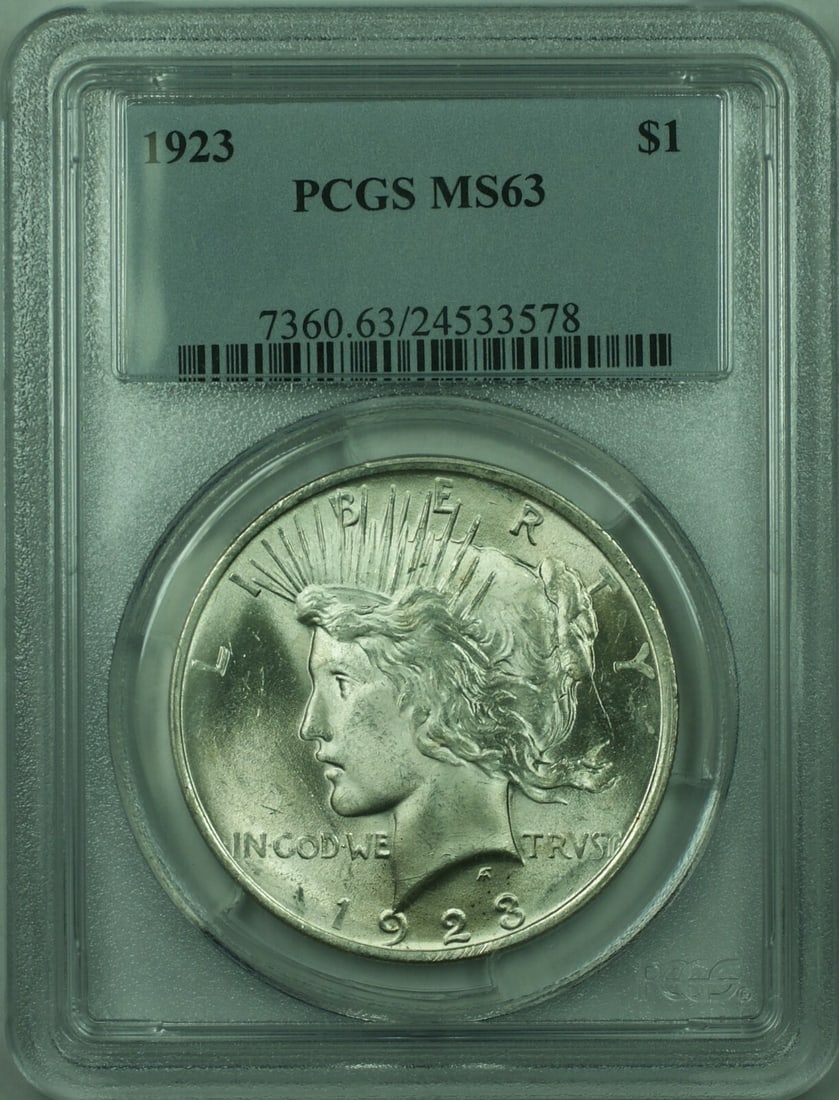 PCGS MS-63 1923 Peace Silver Dollar Coin Philadelphia Mint: PCGS MS-63 1923 Peace Silver Dollar Coin Philadelphia Mint This 1923 Peace Silver Dollar is a $1 coin from the United States, certified by PCGS with a grade of MS 63. Struck at the Philadelphia Mint,