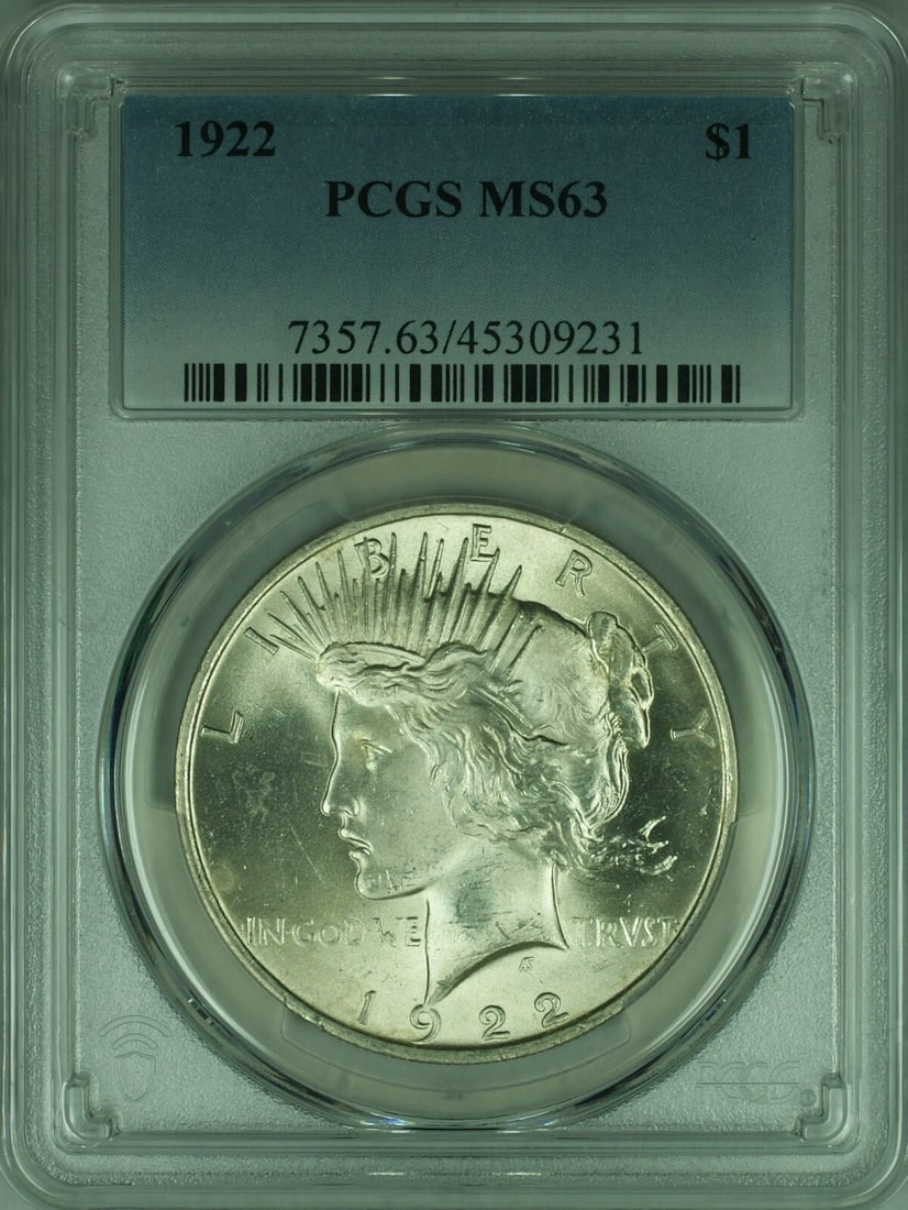 PCGS MS63 1922 Philadelphia Peace Silver Dollar Uncirculated $1 Coin: PCGS MS63 1922 Philadelphia Peace Silver Dollar Uncirculated $1 Coin This is a 1922 Peace Silver Dollar $1 coin from the United States, certified by PCGS with a grade of MS 63. The coin is uncirculate