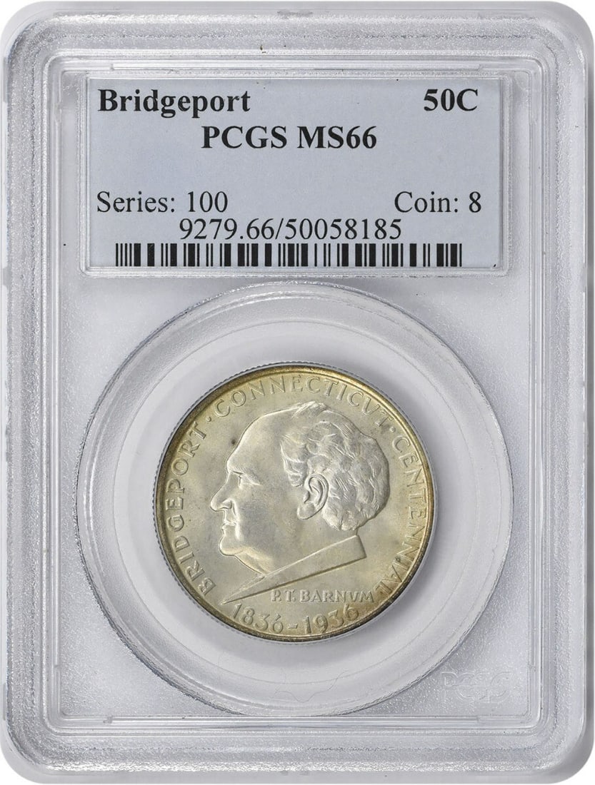 1936 Bridgeport Commemorative Silver Half Dollar MS66 PCGS 90% Silver: 1936 Bridgeport Commemorative Silver Half Dollar MS66 PCGS 90% Silver This 1936 Bridgeport Commemorative Silver Half Dollar is a remarkable piece, certified by PCGS with a grade of MS66. Struck in Phi