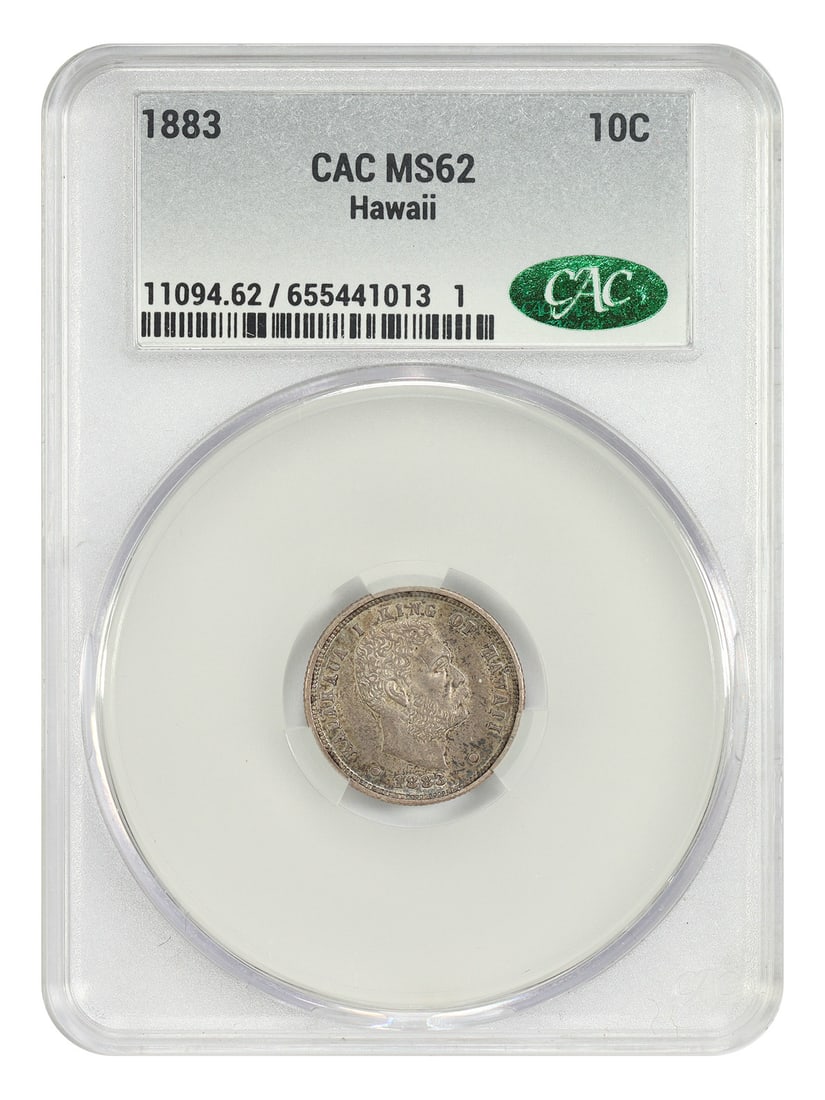Hawaii 1883 Dime CACG MS62 Territorial Coin Scarce Issue: Hawaii 1883 Dime CACG MS62 Territorial Coin Scarce Issue This 1883 Hawaii 10 cent coin is a popular territorial issue, certified by CACG with a grade of MS62. Minted in Philadelphia for the Kingdom of