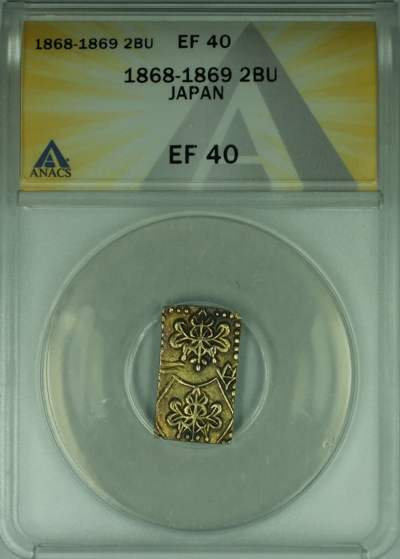 1868 Japan 2 BU Gold Coin Certified ANACS EF-40: 1868 Japan 2 BU Gold Coin Certified ANACS EF-40 This is an authentic 1868-1869 Japan 2BU Coin, certified by ANACS with a grade of EF-40. The coin showcases a denomination of 2 BU and is composed of go