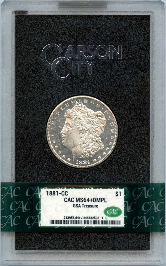 1881-CC Morgan Dollar GSA Hoard CACG MS64+ DMPL: 1881-CC Morgan Dollar GSA Hoard CACG MS64+ DMPL This 1881-CC Morgan Dollar is a stunning example from the GSA Hoard, certified by CACG with a grade of MS64+ and designated as DMPL (Deep Mirror Proofli