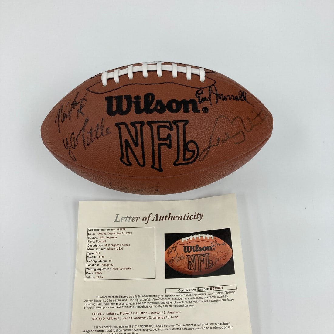 Johnny Unitas Len Dawson Signed NFL Football with JSA COA: Johnny Unitas Len Dawson Signed NFL Football with JSA COA Celebrate the legacy of legendary quarterbacks with this signed Wilson NFL football featuring the autographs of Johnny Unitas, Len Dawson, Son