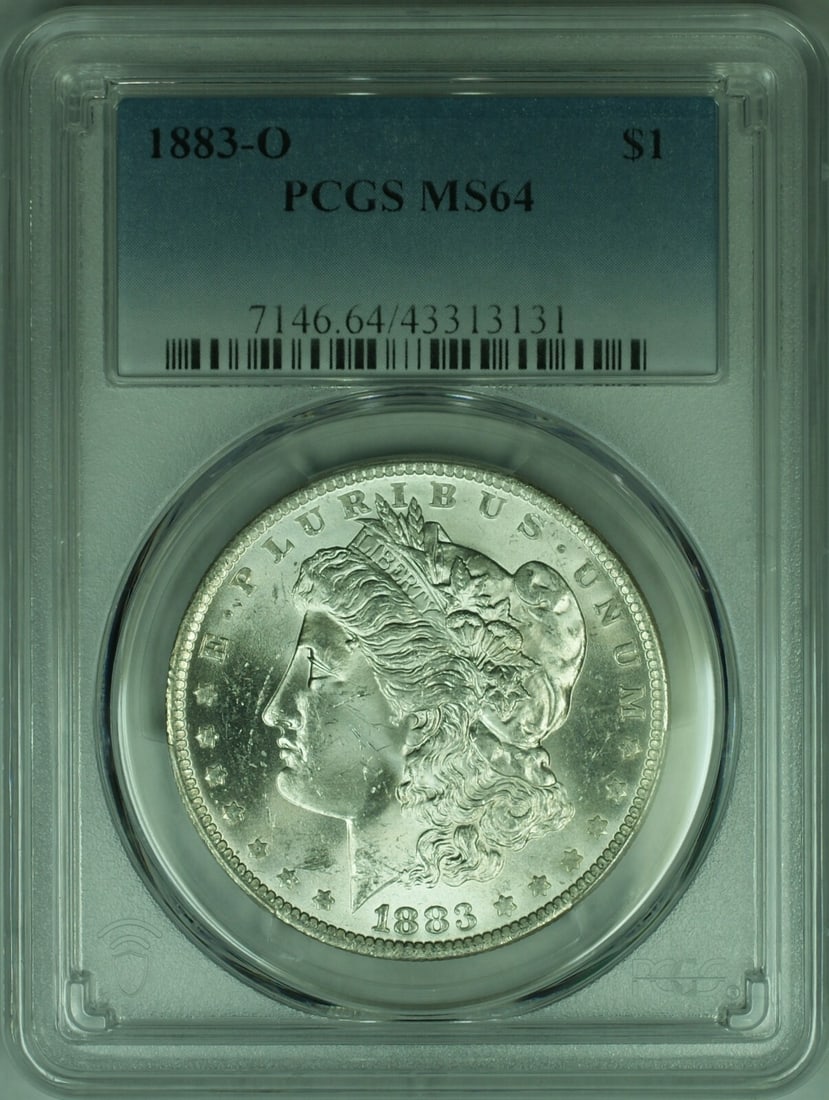 PCGS MS64 1883-O Morgan Dollar Silver Coin from New Orleans Mint: PCGS MS64 1883-O Morgan Dollar Silver Coin from New Orleans Mint This 1883-O Morgan Silver Dollar is graded MS-64 by PCGS and was minted in New Orleans. The coin is composed of silver, is uncirculated