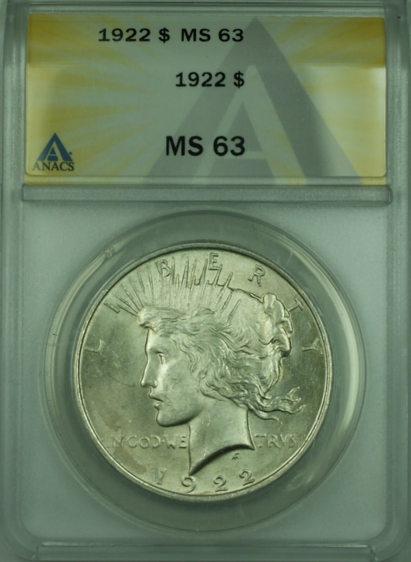 ANACS MS 63 1922 Peace Dollar Silver Coin Philadelphia Mint: ANACS MS 63 1922 Peace Dollar Silver Coin Philadelphia Mint This is a 1922 Peace Silver Dollar $1 coin, certified by ANACS with a grade of MS-63. Struck at the Philadelphia Mint, this uncirculated coi