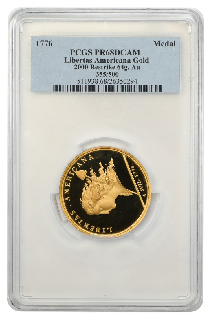 1776 Libertas Americana Medal PCGS PR68DCAM 2000 Restrike 64g Gold 355 of 500: 1776 Libertas Americana Medal PCGS PR68DCAM 2000 Restrike 64g Gold 355 of 500 This stunning 1776 Libertas Americana Medal, certified by PCGS with a grade of PR68DCAM, is an exquisite representation of