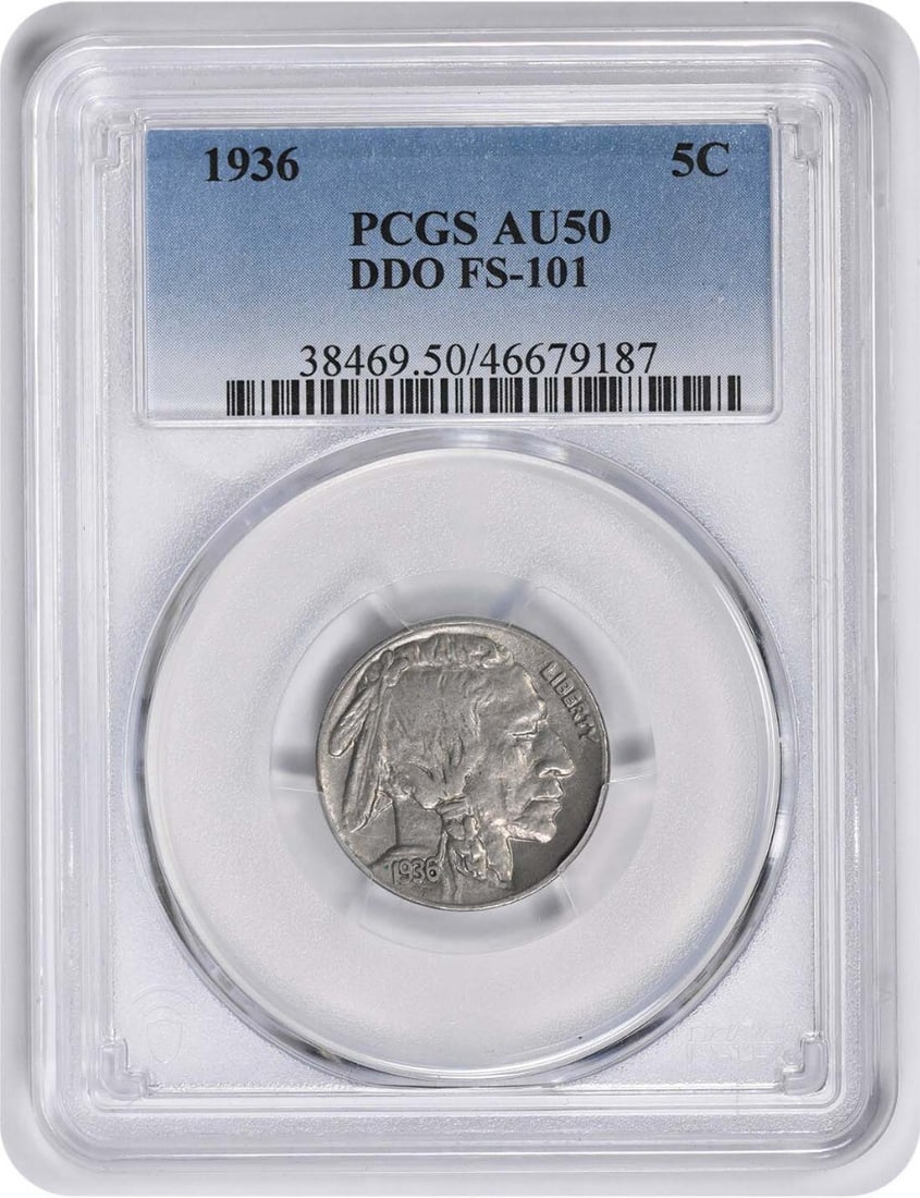 PCGS AU50 1936 DDO FS-101 Buffalo Nickel United States Coin: PCGS AU50 1936 DDO FS-101 Buffalo Nickel United States Coin This is a 1936 Buffalo Nickel featuring the DDO FS-101 variety. Certified by PCGS and graded AU50, this circulated coin is composed of nicke
