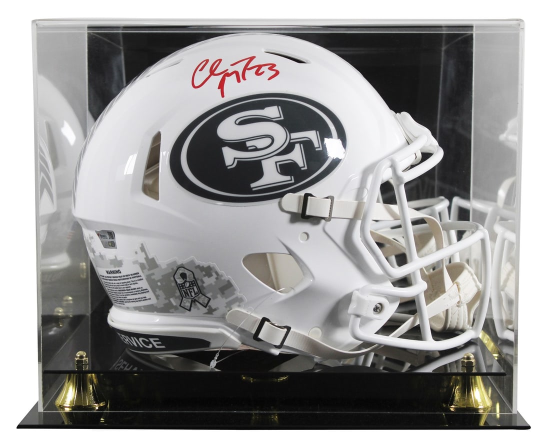 Christian McCaffrey Signed 49ers Salute to Service Helmet with Display Case: Christian McCaffrey Signed 49ers Salute to Service Helmet with Display Case This San Francisco 49ers Christian McCaffrey signed helmet is an impressive collectible for any fan. The helmet is an Origin