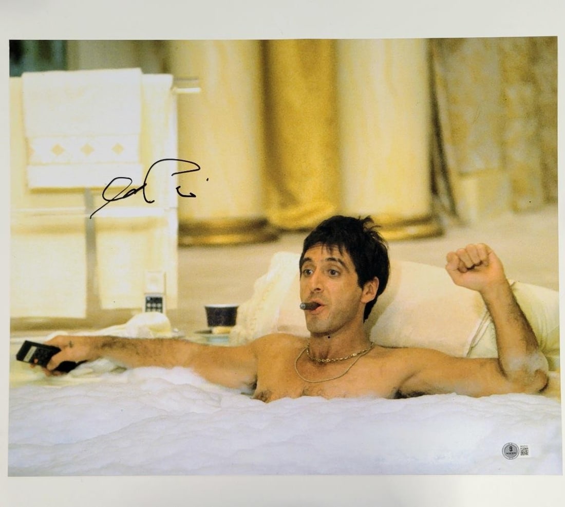 Al Pacino Autographed Scarface 16x20 Photo Beckett Authentication: Al Pacino Autographed Scarface 16x20 Photo Beckett Authentication This is an original 16x20 photograph featuring Al Pacino as Tony Montana from the iconic movie Scarface. The photo is autographed by A