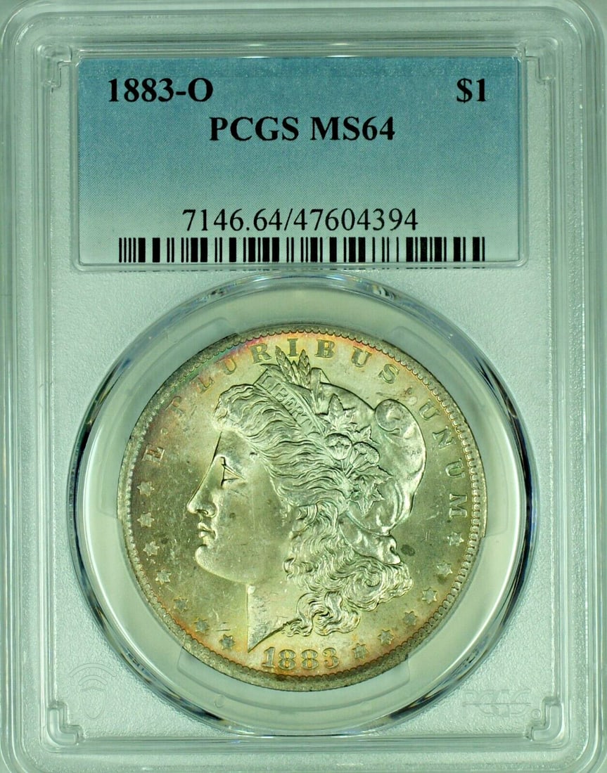 PCGS MS64 1883-O Morgan Dollar Silver Coin with Toning: PCGS MS64 1883-O Morgan Dollar Silver Coin with Toning This 1883-O Morgan Silver Dollar is a certified uncirculated coin graded MS 64 by PCGS. It features attractive toning and is composed of silver.