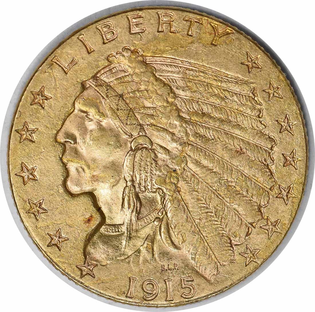 1915 Gold Indian $2.50 Coin AU by Bela Lyon Pratt: 1915 Gold Indian $2.50 Coin AU by Bela Lyon Pratt This 1915 $2.50 Gold Indian coin is a remarkable piece for collectors, featuring a design by Bela Lyon Pratt. The coin is in AU (About Uncirculated) c