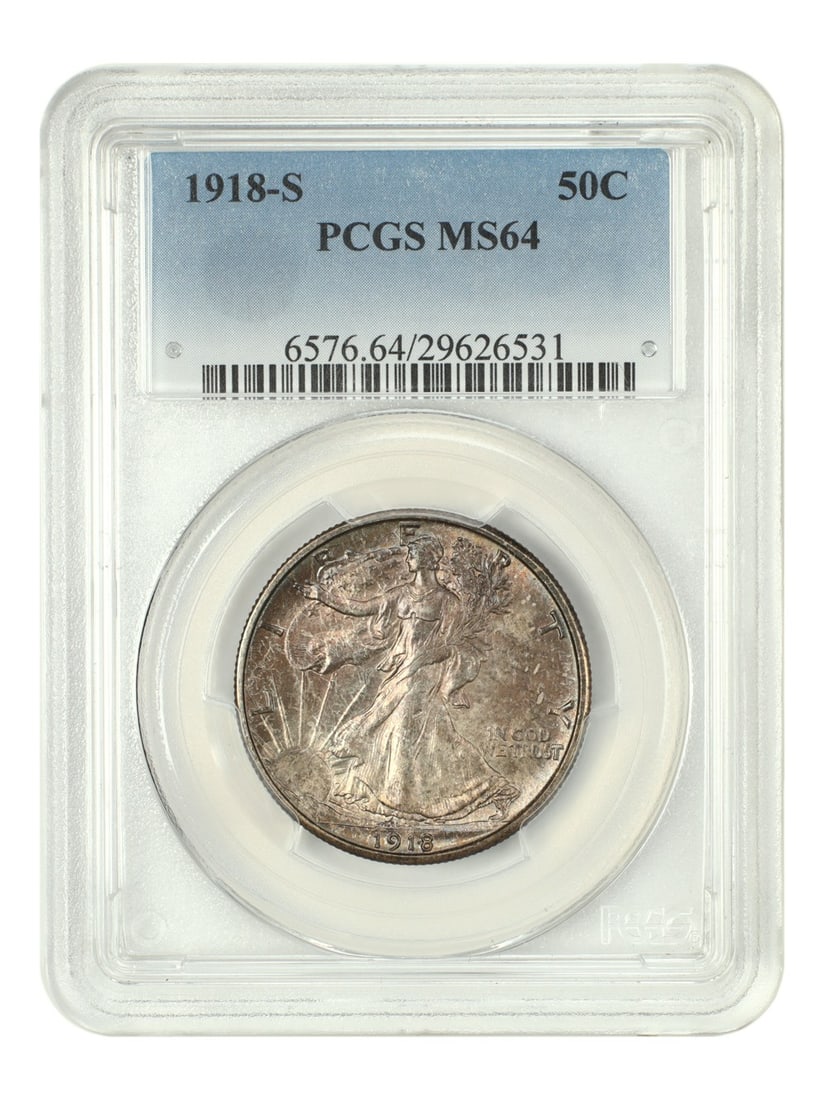 PCGS MS64 1918-S Walking Liberty Half Dollar San Francisco Mint: PCGS MS64 1918-S Walking Liberty Half Dollar San Francisco Mint This is a 1918-S Walking Liberty Half Dollar graded MS64 by PCGS. This scarce early Walker features a well-executed strike and bright lu