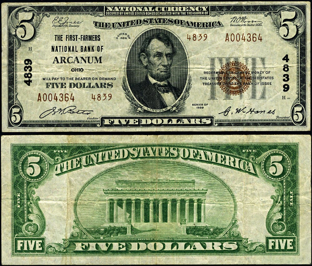 1929 T-2 $5 National Bank Note Arcanum Ohio First Farmers Bank: 1929 T-2 $5 National Bank Note Arcanum Ohio First Farmers Bank This $5 National Bank Note from Arcanum, Ohio, is a noteworthy piece from 1929, designated as T-2. Graded as Very Fine (VF), this banknot