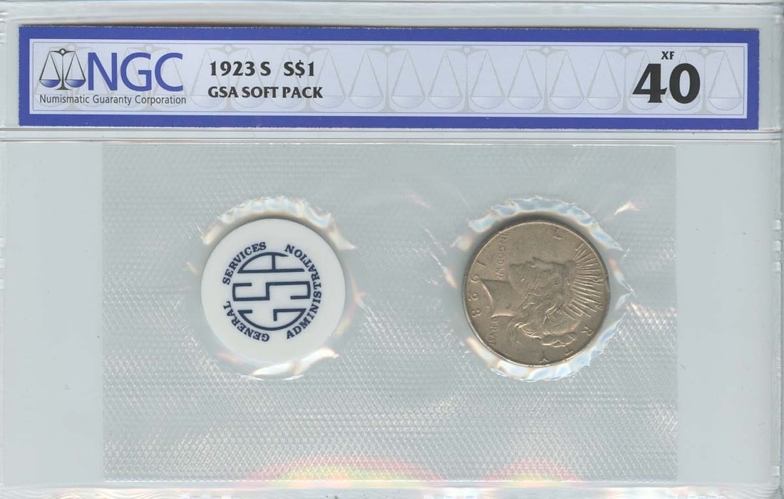 1923-S Peace Dollar NGC XF40 San Francisco Coin: 1923-S Peace Dollar NGC XF40 San Francisco Coin This 1923-S Peace Dollar is certified by NGC with a grade of XF40, indicating it is in extra fine condition. Minted in San Francisco, this circulated co