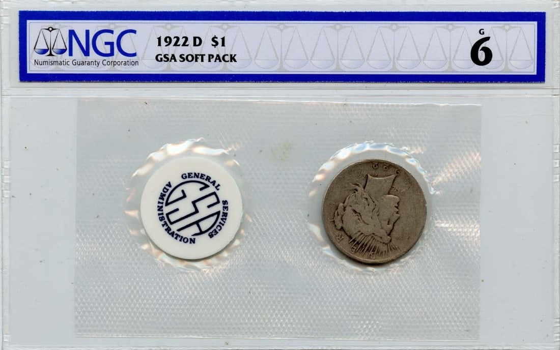 GSA Soft Pack 1922 D Peace Dollar NGC G6 Certified Silver Coin: GSA Soft Pack 1922 D Peace Dollar NGC G6 Certified Silver Coin This 1922 D Peace Dollar is housed in a GSA soft pack and has been authenticated and graded G6 by NGC. It is a circulated coin from the P