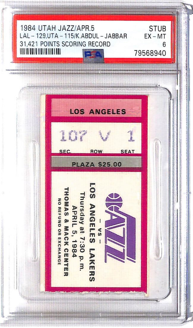 1984 Lakers vs Jazz Kareem Abdul-Jabbar Record Ticket PSA 6: 1984 Lakers vs Jazz Kareem Abdul-Jabbar Record Ticket PSA 6 Commemorate a historic moment in basketball history with this original ticket from the April 5, 1984 game between the Los Angeles Lakers and