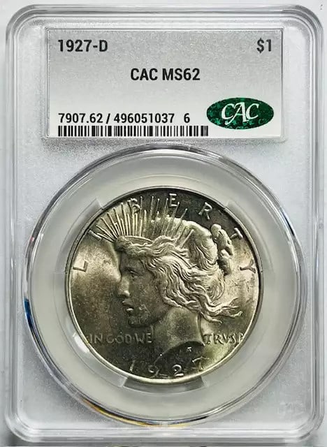 1927 D Peace Dollar CAC Certified MS 62 Silver Coin: 1927 D Peace Dollar CAC Certified MS 62 Silver Coin This 1927 D Peace Dollar is certified by CAC, showcasing its authenticity and quality. Crafted from silver, the coin has received a grade of MS 62,